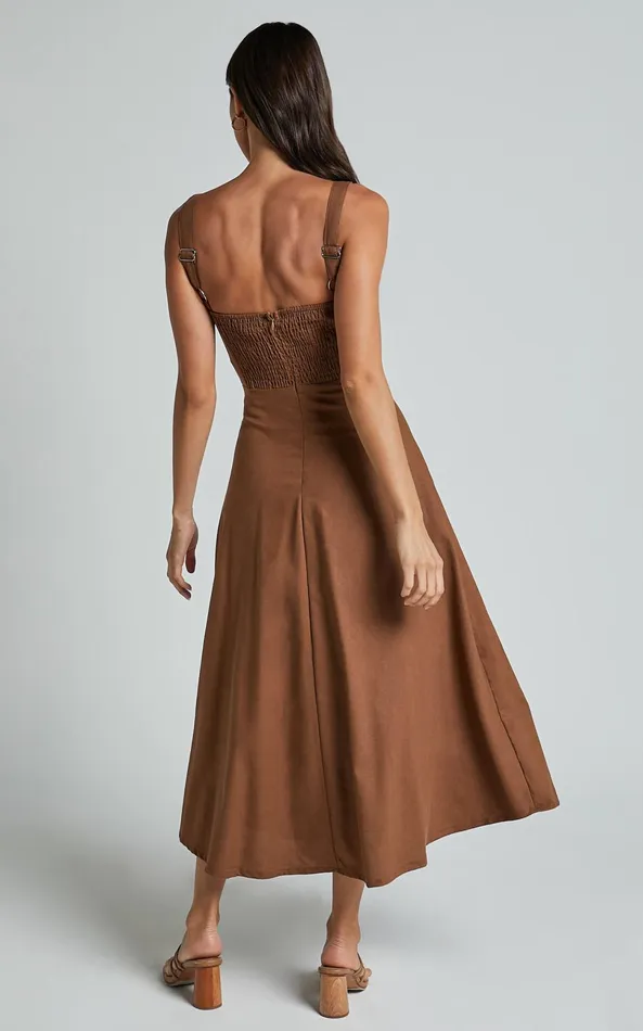Showpo Adelyn Midi Dress 8211 Square Neck Sleeveless A Line Dress In Tobacco Women Dresses