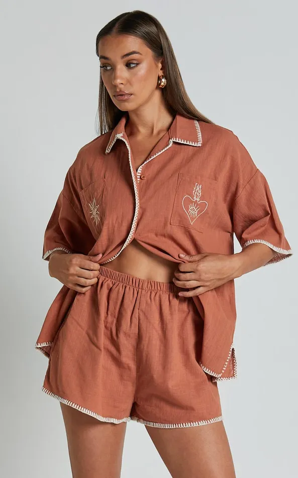 Showpo Aden Two Piece Set 8211 Embroidered Trim Button Through Short Sleeve And Shorts Printed Set In Rust And White Women Two Piece Sets and Coords Showpo Aden Two Piece Set 8211 Embroidered Trim Button Through Short Sleeve And Shorts Printed Set In Rust And White Women Two Piece Sets and Coords