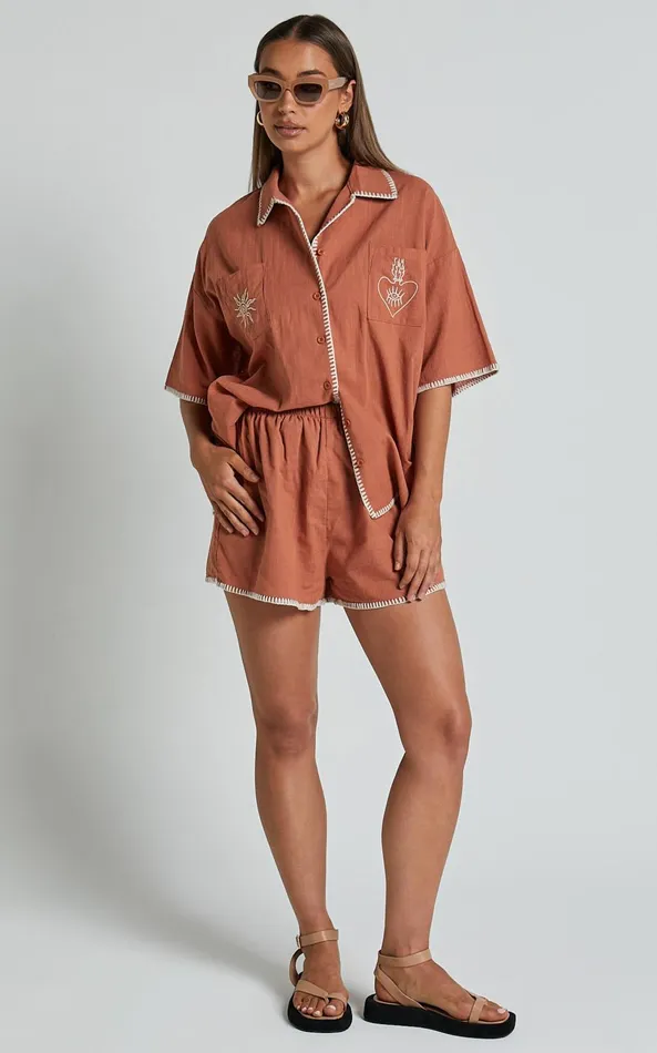 Showpo Aden Two Piece Set 8211 Embroidered Trim Button Through Short Sleeve And Shorts Printed Set In Rust And White Women Two Piece Sets and Coords