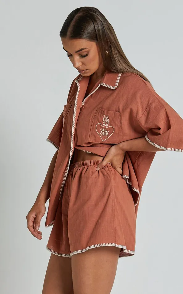 Showpo Aden Two Piece Set 8211 Embroidered Trim Button Through Short Sleeve And Shorts Printed Set In Rust And White Women Two Piece Sets and Coords