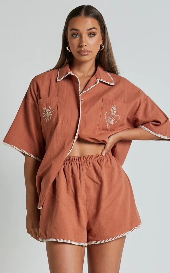 Showpo Aden Two Piece Set 8211 Embroidered Trim Button Through Short Sleeve And Shorts Printed Set In Rust And White Women Two Piece Sets and Coords