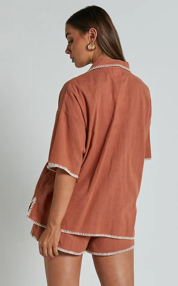 Showpo Aden Two Piece Set 8211 Embroidered Trim Button Through Short Sleeve And Shorts Printed Set In Rust And White Women Two Piece Sets and Coords