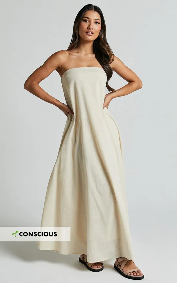 Showpo Adessa Maxi Dress 8211 Strapless A Line Dress In Beige Women Dresses