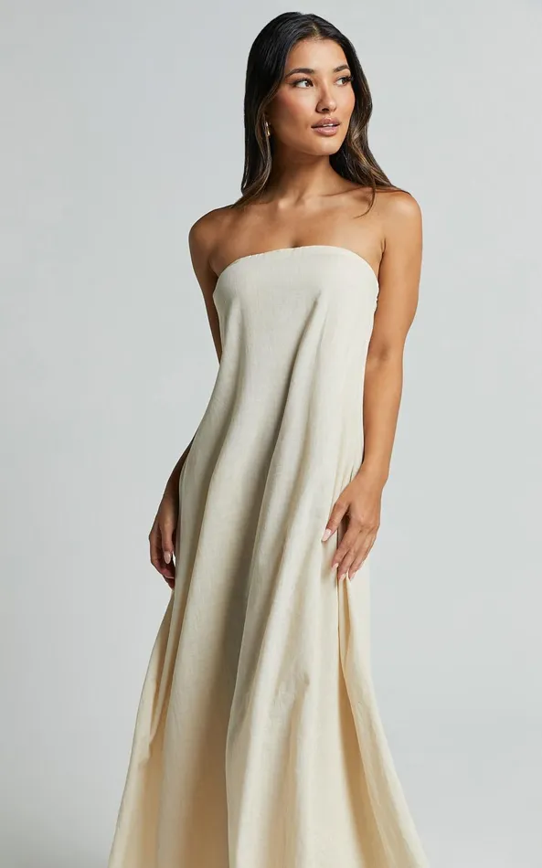 Showpo Adessa Maxi Dress 8211 Strapless A Line Dress In Beige Women Dresses