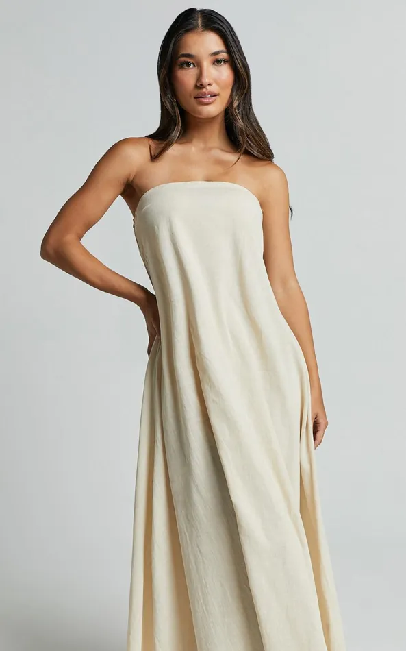 Showpo Adessa Maxi Dress 8211 Strapless A Line Dress In Beige Women Dresses