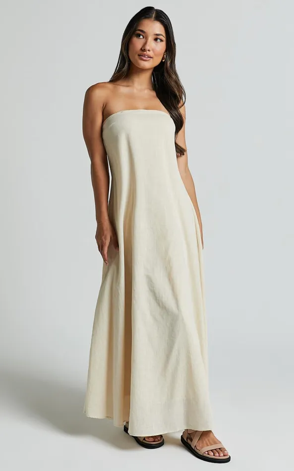 Showpo Adessa Maxi Dress 8211 Strapless A Line Dress In Beige Women Dresses