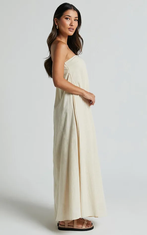 Showpo Adessa Maxi Dress 8211 Strapless A Line Dress In Beige Women Dresses