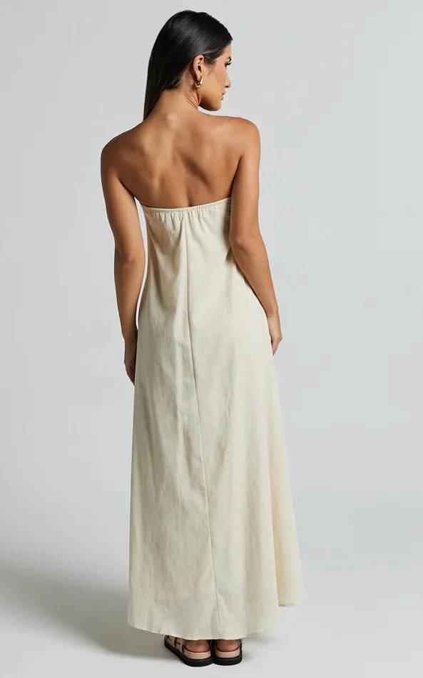 Showpo Adessa Maxi Dress 8211 Strapless A Line Dress In Beige Women Dresses