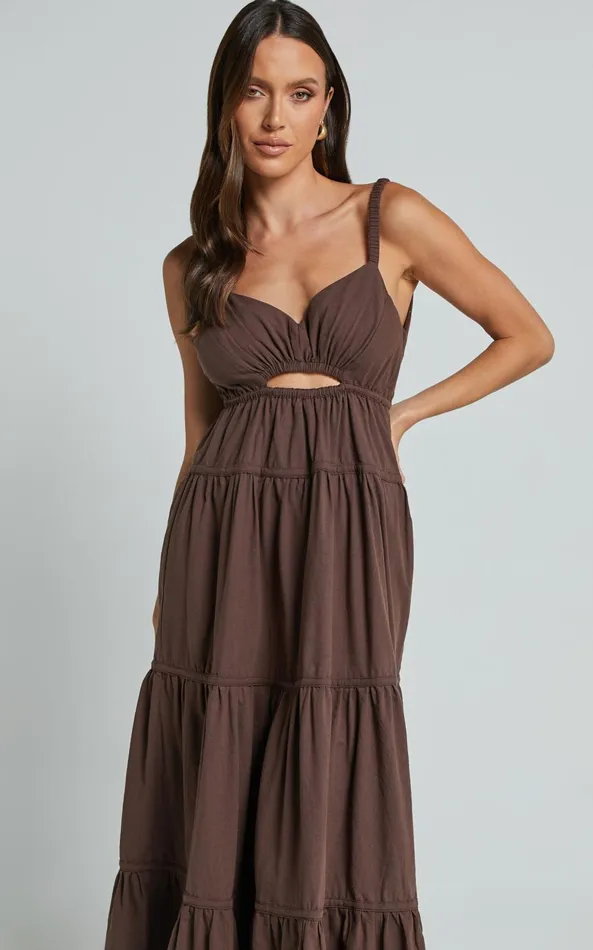 Showpo Adia Midi Dress 8211 Front Keyhole Tie Back Tiered Dress In Chocolate Women Dresses