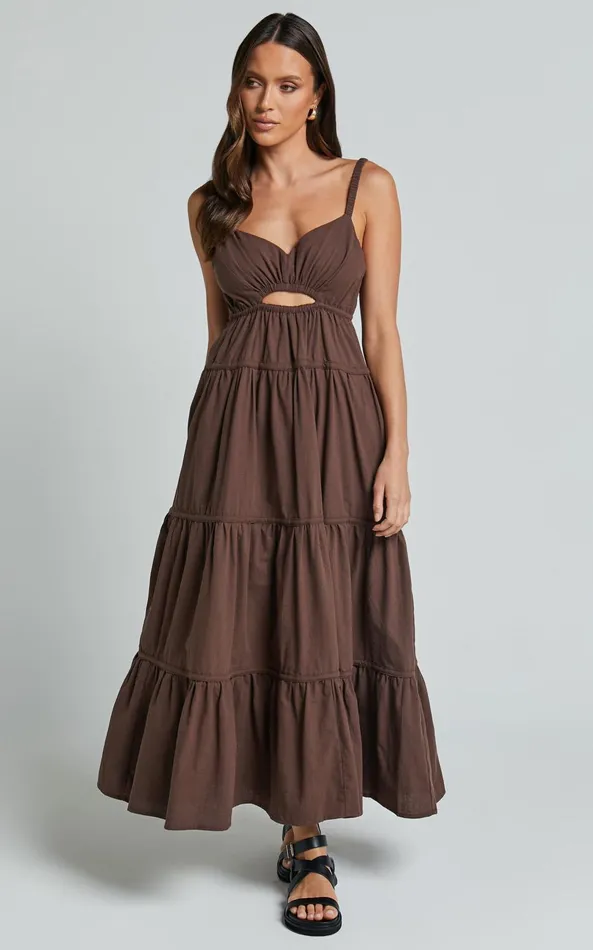 Showpo Adia Midi Dress 8211 Front Keyhole Tie Back Tiered Dress In Chocolate Women Dresses