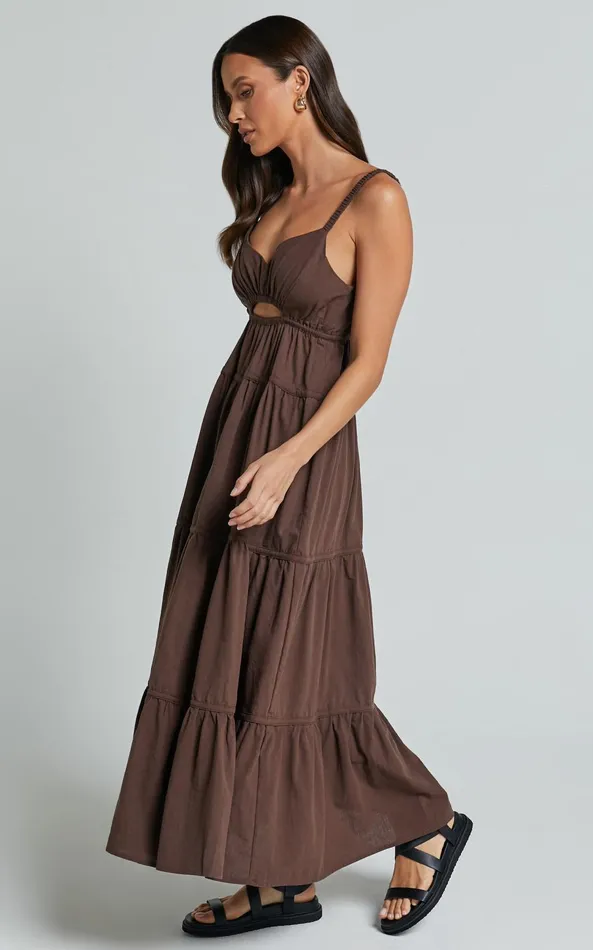 Showpo Adia Midi Dress 8211 Front Keyhole Tie Back Tiered Dress In Chocolate Women Dresses