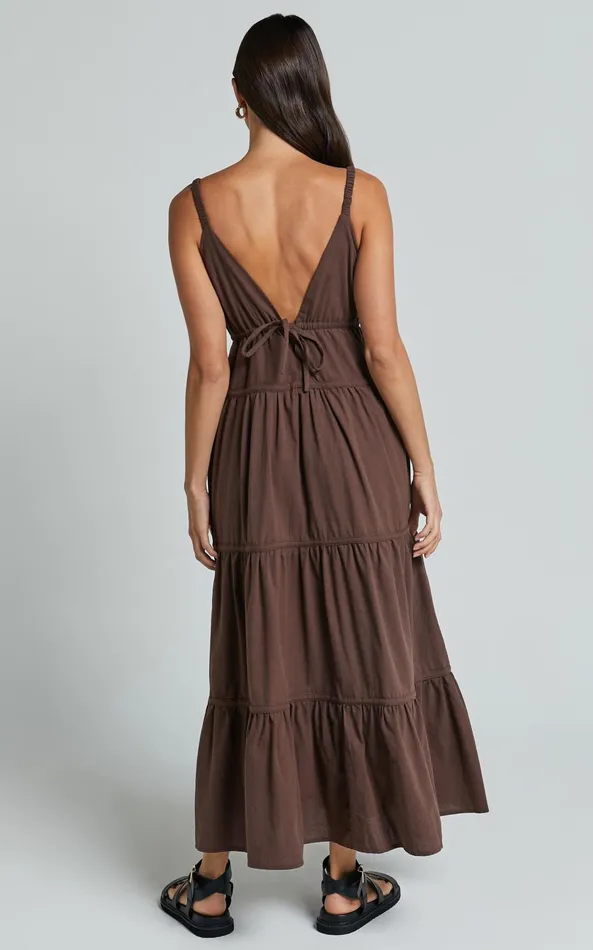 Showpo Adia Midi Dress 8211 Front Keyhole Tie Back Tiered Dress In Chocolate Women Dresses