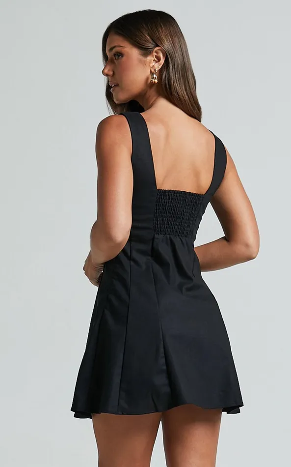 Showpo Adiana Mini Dress 8211 Linen Look Square Neck Shirred Back A Line Dress In Black Women Dresses