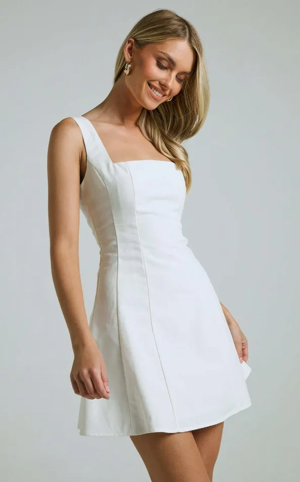 Showpo Adiana Mini Dress 8211 Linen Look Square Neck Shirred Back A Line Dress In Off White Women Dresses