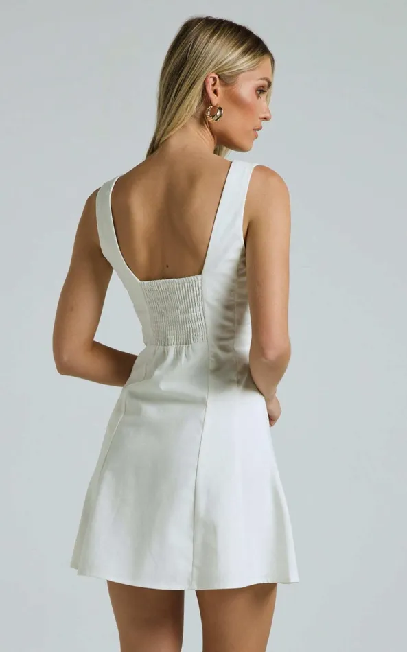 Showpo Adiana Mini Dress 8211 Linen Look Square Neck Shirred Back A Line Dress In Off White Women Dresses