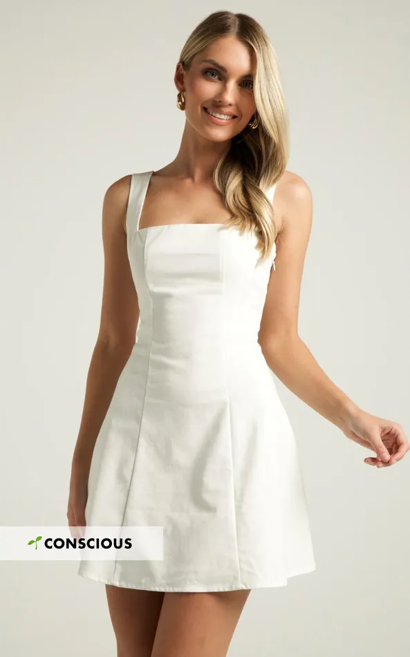 Showpo Adiana Mini Dress 8211 Linen Look Square Neck Shirred Back A Line Dress In Off White Women Dresses