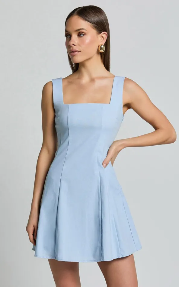 Showpo Adiana Mini Dress 8211 Linen Look Square Neck Shirred Back A Line Dress In Pale Blue Women Dresses