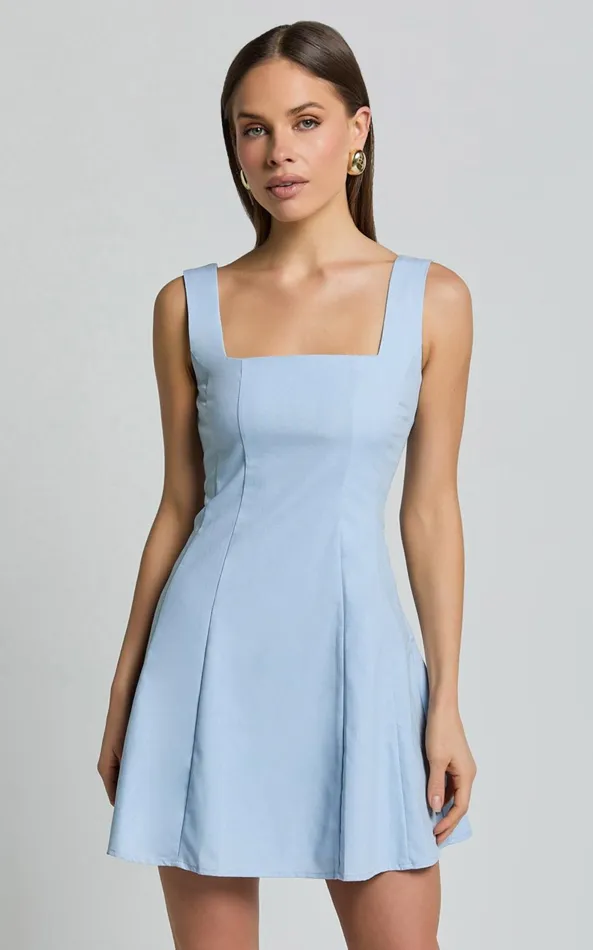Showpo Adiana Mini Dress 8211 Linen Look Square Neck Shirred Back A Line Dress In Pale Blue Women Dresses