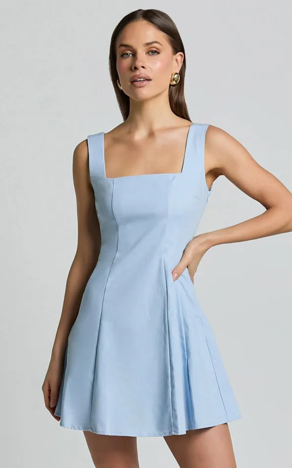 Showpo Adiana Mini Dress 8211 Linen Look Square Neck Shirred Back A Line Dress In Pale Blue Women Dresses