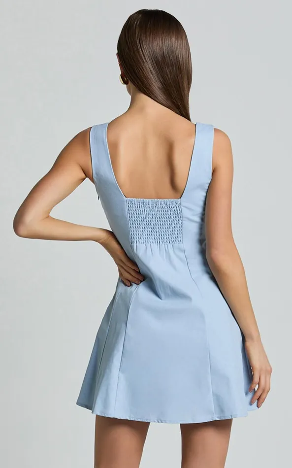 Showpo Adiana Mini Dress 8211 Linen Look Square Neck Shirred Back A Line Dress In Pale Blue Women Dresses