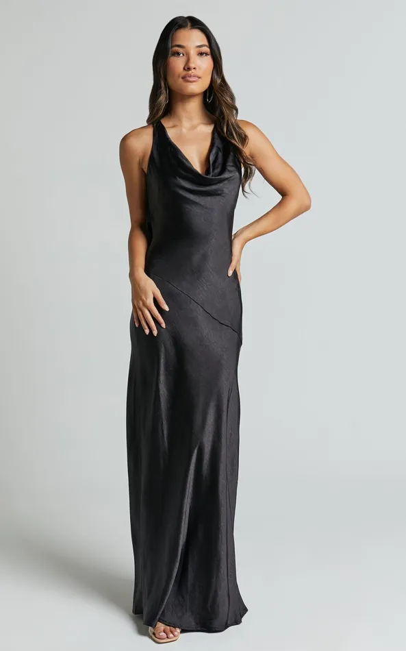 Showpo Adilah Maxi Dress 8211 Cowl Neck Satin Dress In Black Women Dresses