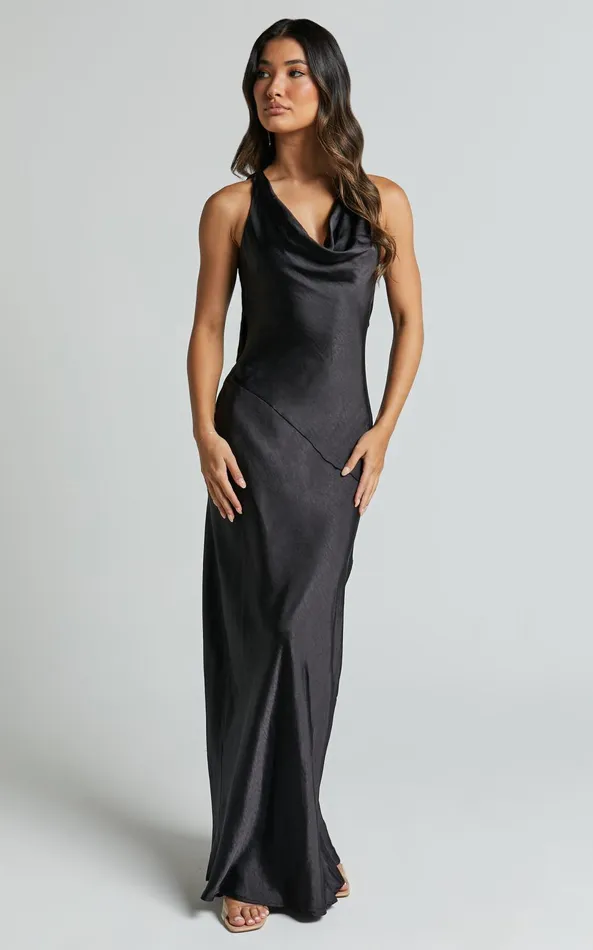 Showpo Adilah Maxi Dress 8211 Cowl Neck Satin Dress In Black Women Dresses