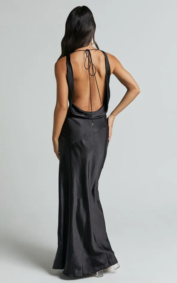Showpo Adilah Maxi Dress 8211 Cowl Neck Satin Dress In Black Women Dresses