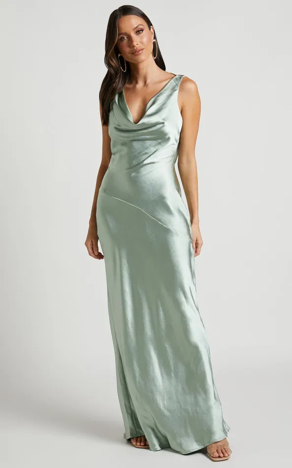 Showpo Adilah Maxi Dress 8211 Cowl Neck Satin Dress In Pistachio Women Dresses