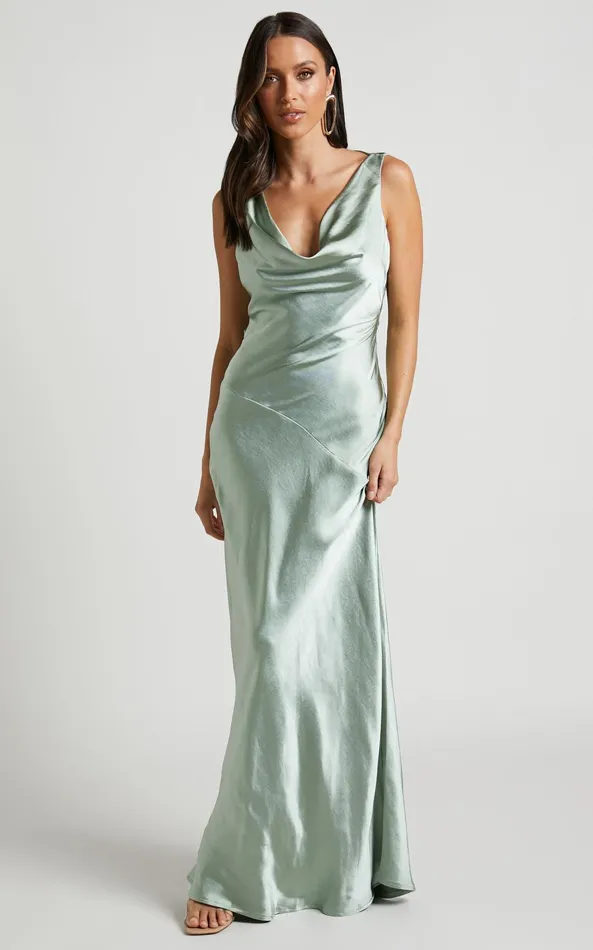 Showpo Adilah Maxi Dress 8211 Cowl Neck Satin Dress In Pistachio Women Dresses