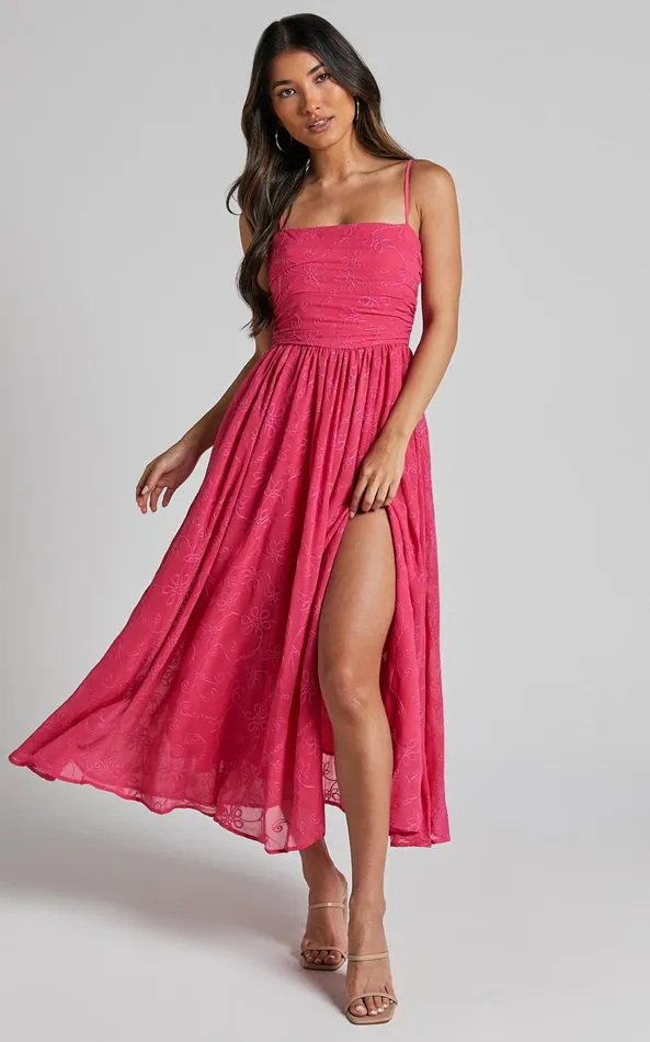 Showpo Adina Midi Dress 8211 Embroidered Strappy Straight Neck Ruched Bodice Dress In Pink Women Dresses Showpo Adina Midi Dress 8211 Embroidered Strappy Straight Neck Ruched Bodice Dress In Pink Women Dresses
