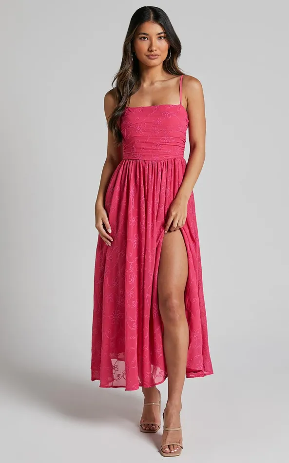 Showpo Adina Midi Dress 8211 Embroidered Strappy Straight Neck Ruched Bodice Dress In Pink Women Dresses