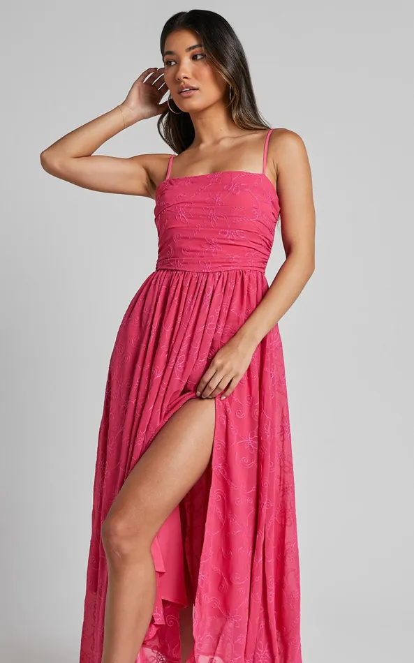 Showpo Adina Midi Dress 8211 Embroidered Strappy Straight Neck Ruched Bodice Dress In Pink Women Dresses