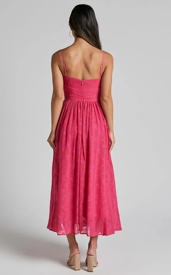 Showpo Adina Midi Dress 8211 Embroidered Strappy Straight Neck Ruched Bodice Dress In Pink Women Dresses