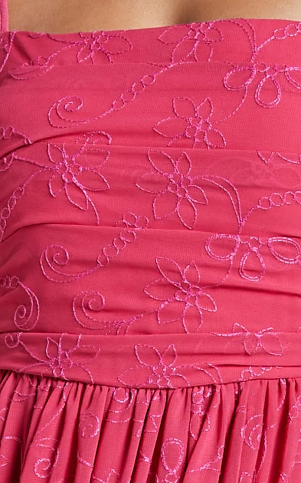 Showpo Adina Midi Dress 8211 Embroidered Strappy Straight Neck Ruched Bodice Dress In Pink Women Dresses