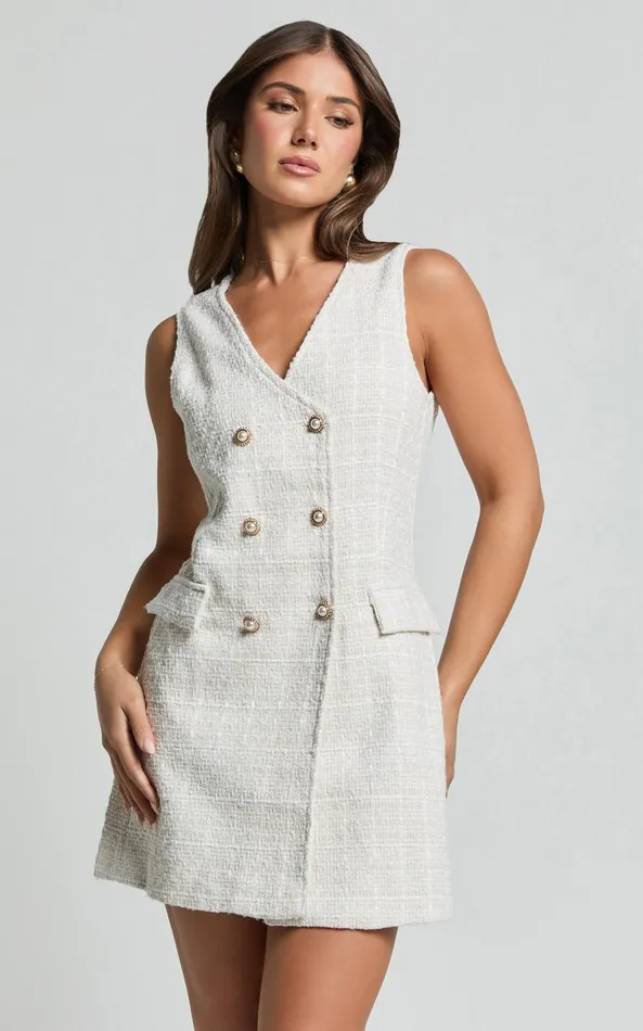 Showpo Adriana Mini Dress 8211 Sleeveless V Neck Boucle Dress In Cream Women Dresses Showpo Adriana Mini Dress 8211 Sleeveless V Neck Boucle Dress In Cream Women Dresses