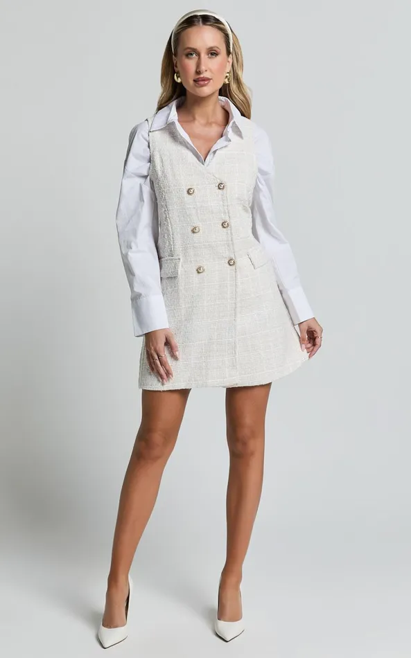 Showpo Adriana Mini Dress 8211 Sleeveless V Neck Boucle Dress In Cream Women Dresses