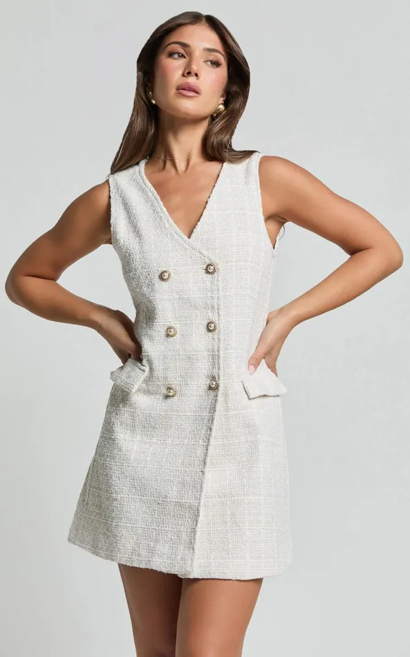Showpo Adriana Mini Dress 8211 Sleeveless V Neck Boucle Dress In Cream Women Dresses