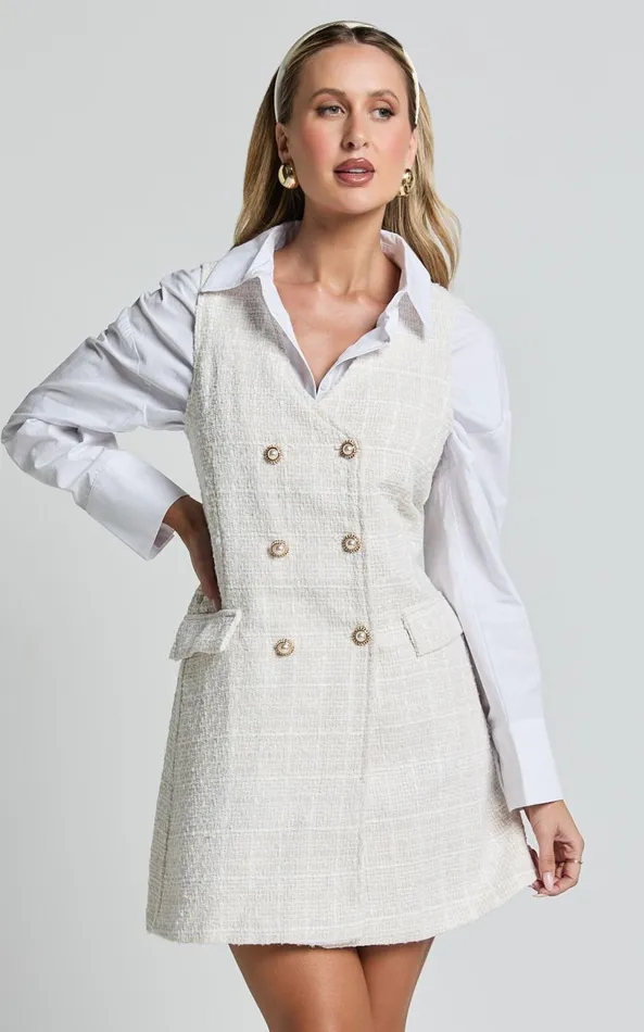 Showpo Adriana Mini Dress 8211 Sleeveless V Neck Boucle Dress In Cream Women Dresses