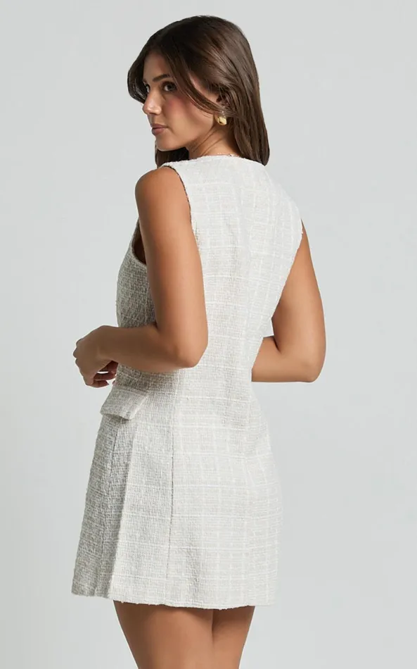 Showpo Adriana Mini Dress 8211 Sleeveless V Neck Boucle Dress In Cream Women Dresses