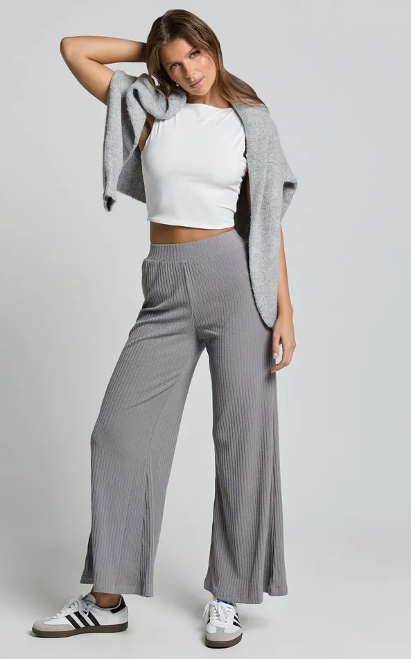 Showpo Adriana Pants 8211 Ribbed High Waist Wide Leg Pants In Slate Grey Women Curve Clothes