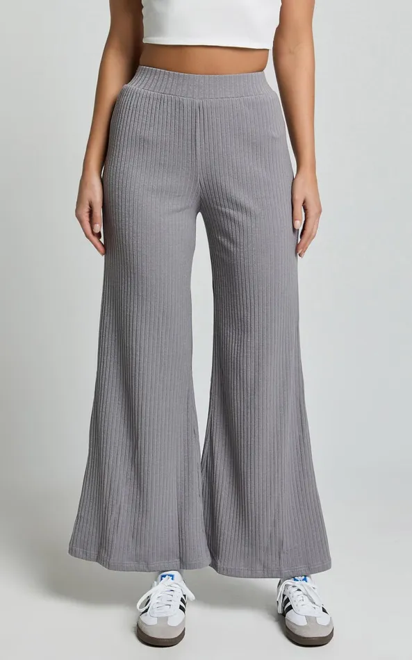 Showpo Adriana Pants 8211 Ribbed High Waist Wide Leg Pants In Slate Grey Women Curve Clothes
