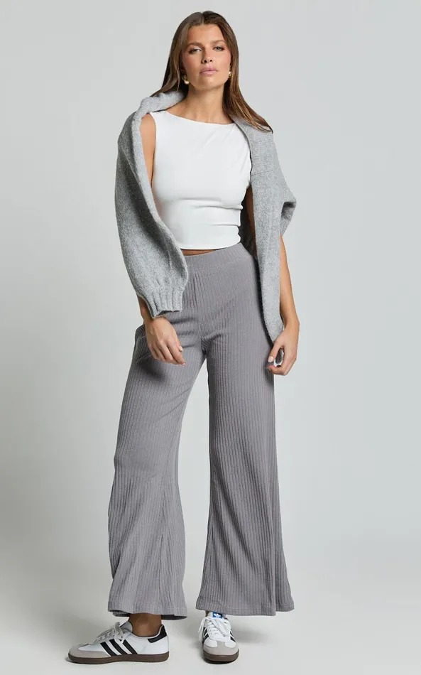 Showpo Adriana Pants 8211 Ribbed High Waist Wide Leg Pants In Slate Grey Women Curve Clothes