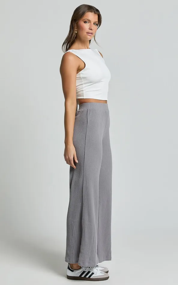 Showpo Adriana Pants 8211 Ribbed High Waist Wide Leg Pants In Slate Grey Women Curve Clothes