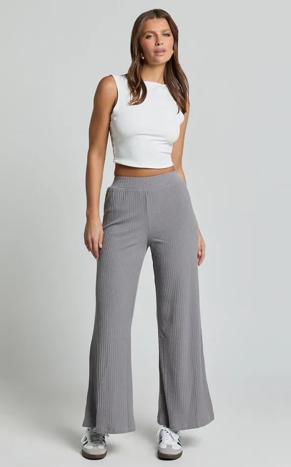 Showpo Adriana Pants 8211 Ribbed High Waist Wide Leg Pants In Slate Grey Women Curve Clothes