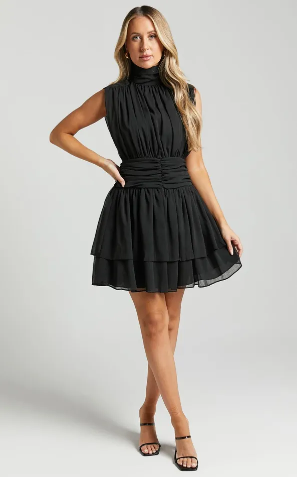 Showpo Adriel Mini Dress 8211 High Neck Ruched Waist Sleeveless In Black Women Dresses