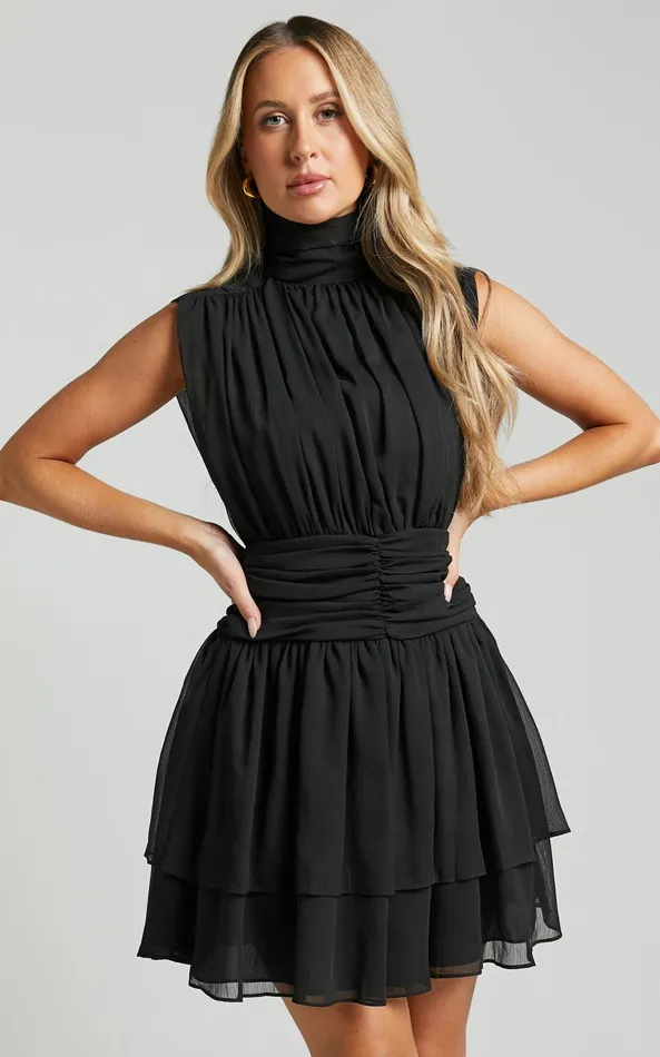 Showpo Adriel Mini Dress 8211 High Neck Ruched Waist Sleeveless In Black Women Dresses