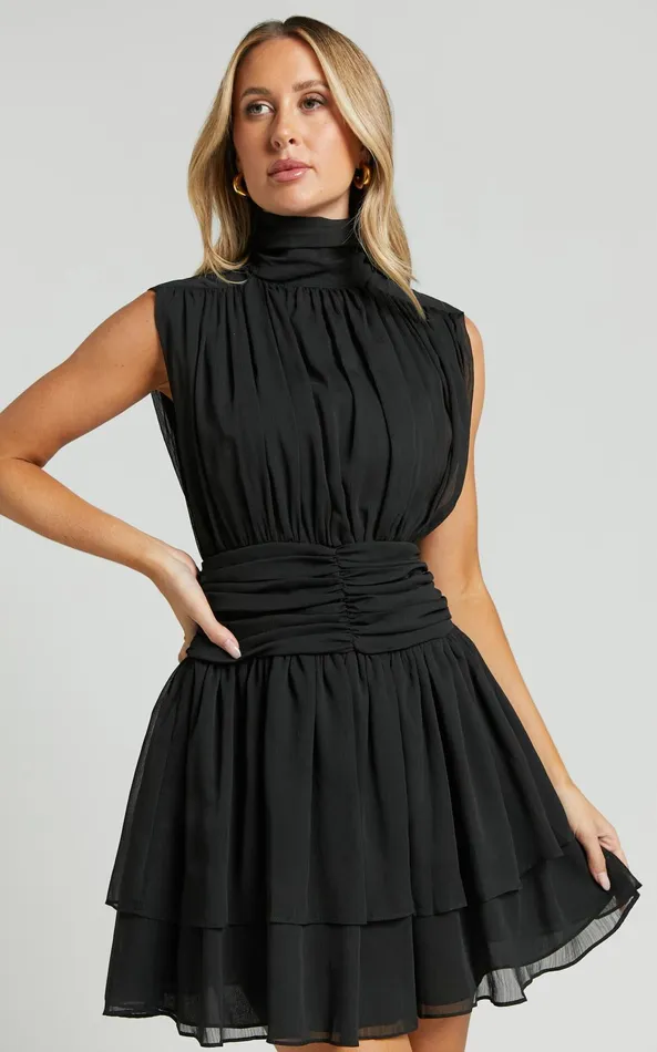 Showpo Adriel Mini Dress 8211 High Neck Ruched Waist Sleeveless In Black Women Dresses
