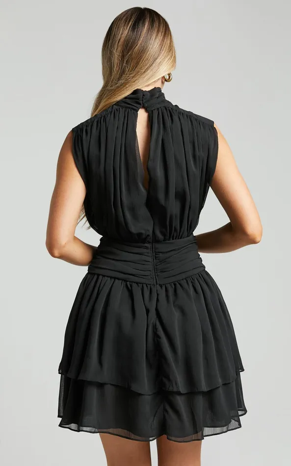 Showpo Adriel Mini Dress 8211 High Neck Ruched Waist Sleeveless In Black Women Dresses