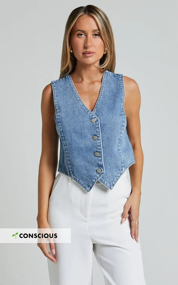 Showpo Adriene Top 8211 Button Through Denim Vest In Mid Blue Wash Women Denim Showpo Adriene Top 8211 Button Through Denim Vest In Mid Blue Wash Women Denim