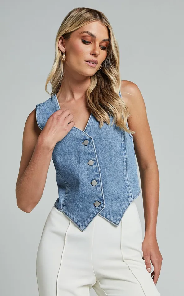 Showpo Adriene Top 8211 Button Through Denim Vest In Mid Blue Wash Women Denim